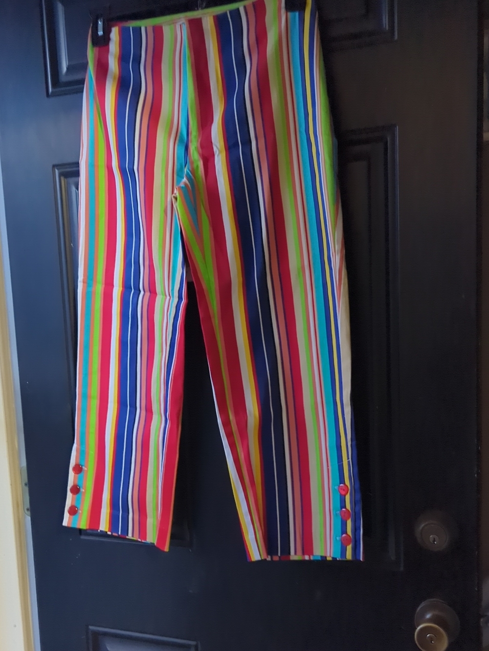 Vintage Multicolor Rainbow Stripe Capris Hook & Zipper Front Red Buttons On Legs